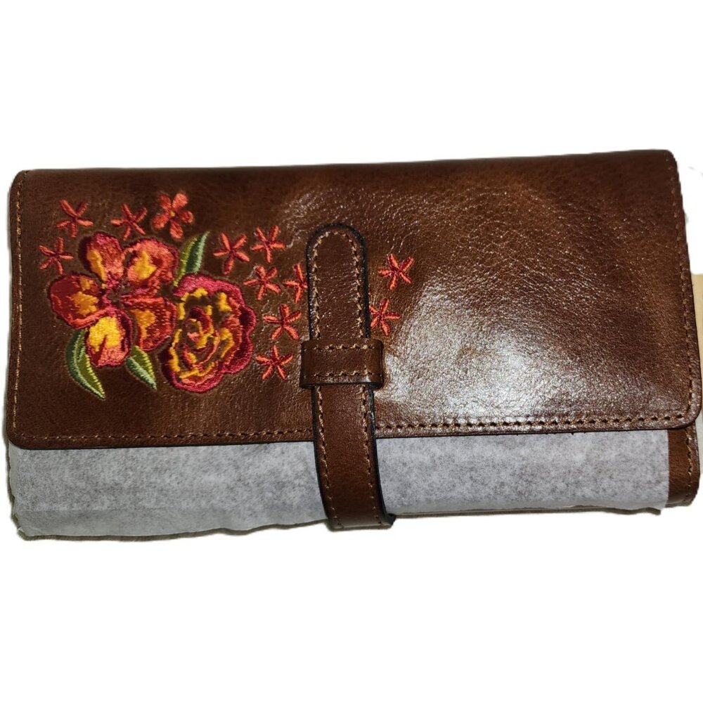 NWT Patricia Nask Marly Wallet w/Retractable Handle, Cognac w/Floral Embroidery